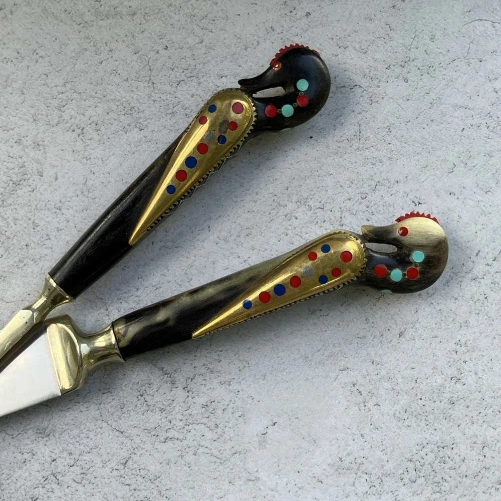 Vtg 50s Alfred Haddad Jezzine Bird Rooster Salad Spoon & Carving Set*AS IS READ*